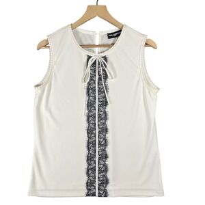 Karl Lagerfeld Paris Women's White Sleeveless Lace Trim Bow Neck Top Size M